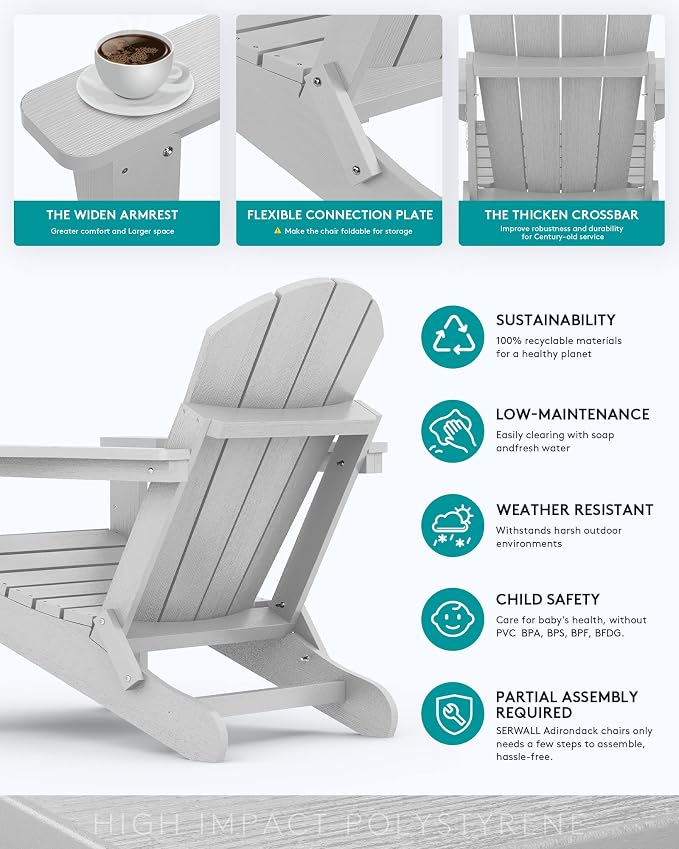 SERWALL Folding Adirondack Chair with Cup Holder for Patio Garden Outdoors Fire Pit- Spanish Gray