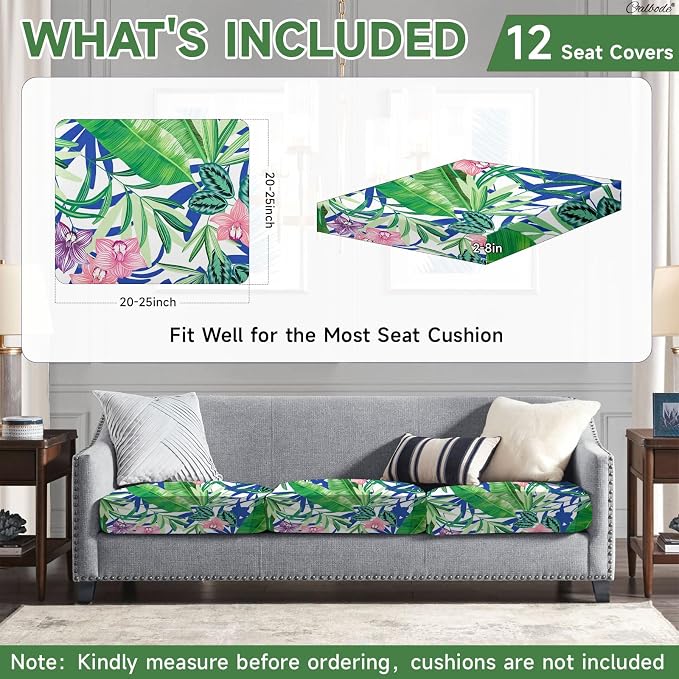 CALBODE 12 Pcs Outdoor Seat Cushion Covers, Stretch Chair Seat Cover for Patio Furniture Cushions Washable Reusable Indoor/Outdoor Couch Cover Replacement (Tropical Plant, Cover Only)