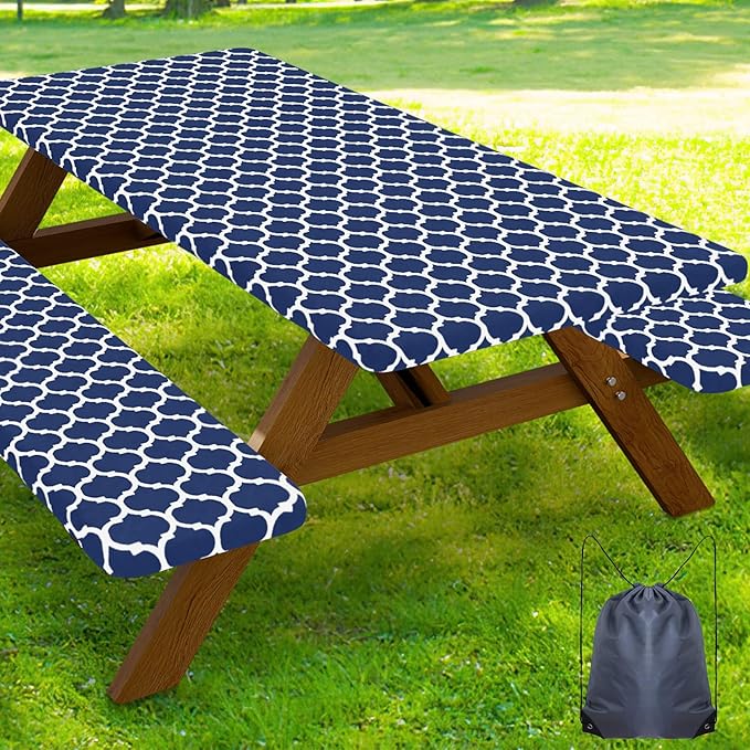 Smiry Picnic Table Cover with Bench Covers, Waterproof Elastic Fitted Tablecloth for 6 Foot Tables, Washable Polyester Tablecloths for Camping, Indoor & Outdoor (Navy, 30x72 Inch 3-pc Set)