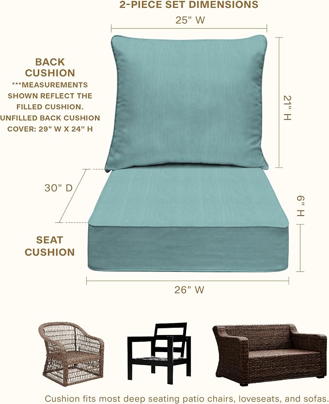 Honeycomb Outdoor Heritage Deep Seat, 26 x 30, Textured Solid Coastal Blue Chair Cushion with Removable Cover, for Patio Furniture