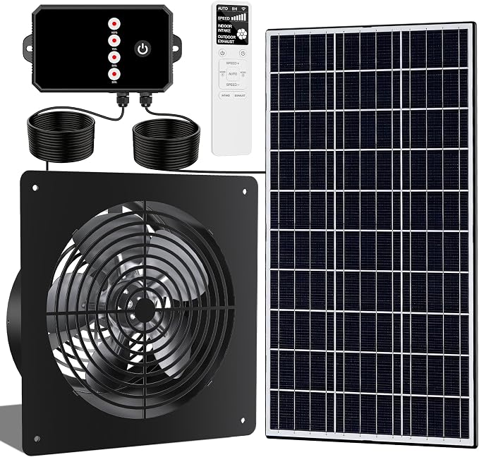 10-Inch 15W Solar Fan with Timer & Remote, Reversible Intake Exhaust Vent System for Chicken Coop, Greenhouse & Shed, Aluminum 6-Speed Airflow with 17ft Cable