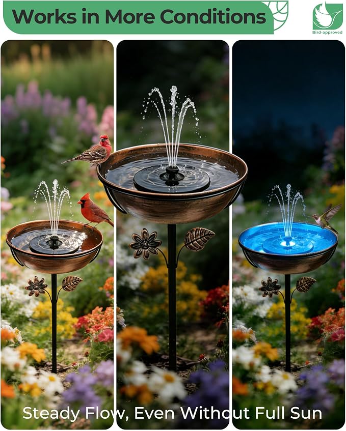 Metal Bird Bath with Solar Fountain - 12" Outdoor Birdbath Bowl + 6.3" Solar Pump with Battery LED Lights & with 4 Fixed Rods | Garden Bird Bath for Yard, Lawn, Patio, Flowing Water Feature