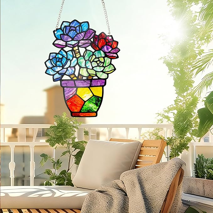 Plant Suncatcher Glass, Stained Glass Suncatcher Plant Window Hanging, Unique Nature Lover Gifts Leaf Idea (Succulent)