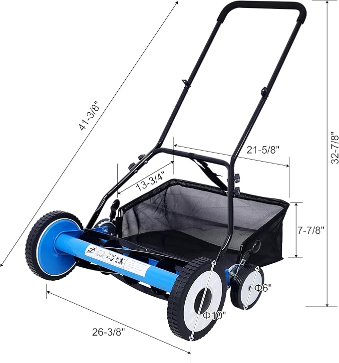 KEIKI 20-Inch Manual Lawn Mower, Push Reel Mowers w/Grass Catcher & Adjustable Cutting Height, 4-Wheels Small Lawnmower with 5 Steel Blades for Graden, Spaces Saving & Easy Assembly, Green