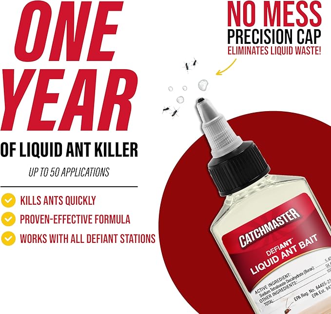 Catchmaster Defiant Premium Liquid Ant Killer, 1-Year Supply, Kills the Queen and Colony, No Mess Precision Bottle, Reusable Ant Traps Indoor & Outdoor, Pest Control Traps, Made in USA
