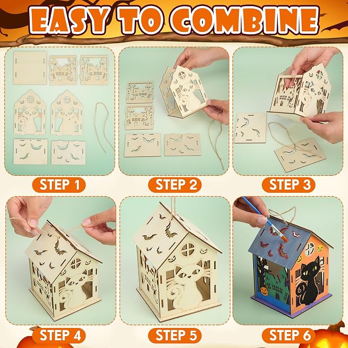 DoubleFill 24 Set Halloween Bird House Kits, Buildable DIY Birdhouse for Children, Wooden House, Arts and Crafts Set for Kids Adults Painting Halloween Party Decoration