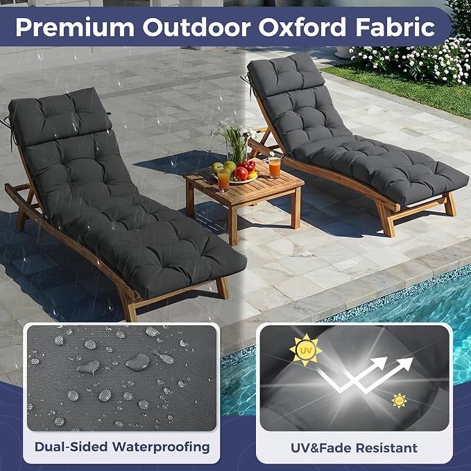 Outdoor Chaise Lounge Cushions 75.1x22.8x4.7 Inch, Waterproof Lounge Chair Cushions for Pool, Patio, Deck, Lawn, Fade Resistant Lounge Cushions for Outdoor Furniture, Dark Grey, Set of 2