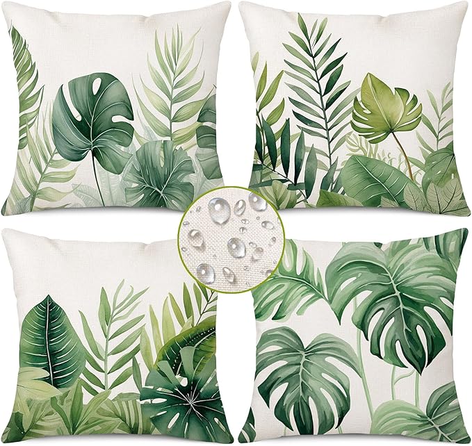 Tropical Leaves Outdoor Waterproof Pillow Covers 18 X 18 Inch Set of 4 Palm Leaf Plant Decorative Cushion Cases for Patio Furniture Garden