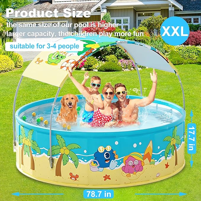 Foldable Swimming Pool with Canopy for Kids 78.7"x17.7" Hard Plastic Portable Dog Pool Anti-Slip Collapsible Pets Bathtub Kiddie Pool Indoor Outdoor Backyard (JellieMons 79'')