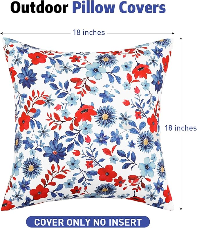 SquarePie 4th of July Outdoor Pillow Covers 18x18 Inch Set of 2 - Waterproof Red Blue Flowers Square Cushion Covers, Patriotic Watercolor Floral Decorative Throw Pillow Cases for Patio Couch Sofa