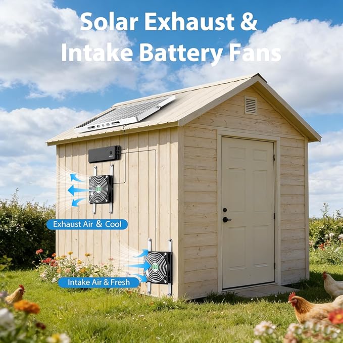 Solar Fan with Battery, Solar Fan for Greenhouse & Chicken Coop, Rechargeable Solar Fans for Outside, Solar Powered Exhuast Fans for Outdoor Doghouse Shed Circulation Vent Ventilation Cooling