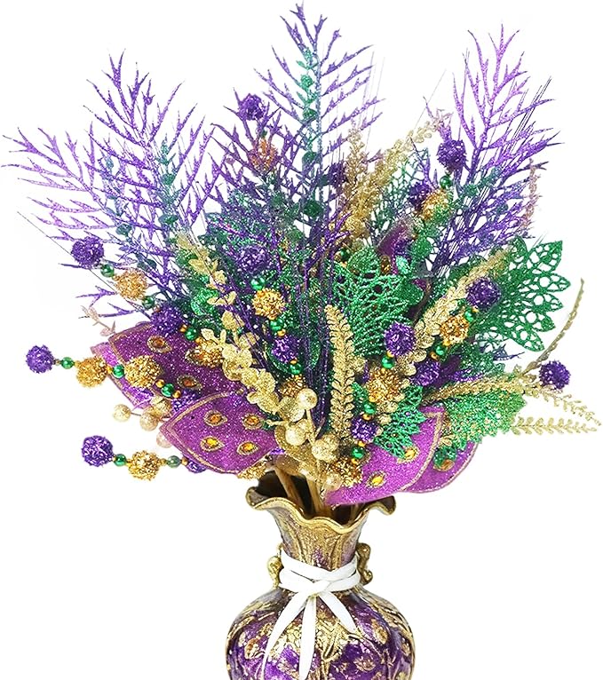 6 PCS Mardi Gras Picks Decoration, 19 Inch Large Glitter Purple Green Gold Floral Pick for Vase Filler, Table Centerpieces, Tree & Wreath DIY, Carnival Picks and Sprays Decor