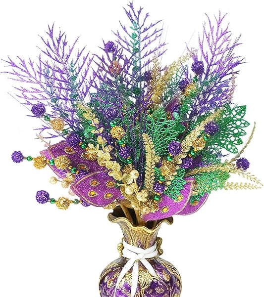 6 PCS Mardi Gras Picks Decoration, 19 Inch Large Glitter Purple Green Gold Floral Pick for Vase Filler, Table Centerpieces, Tree & Wreath DIY, Carnival Picks and Sprays Decor