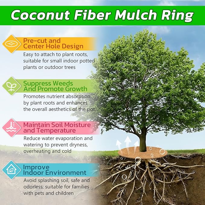 Legigo 4pcs Coconut Fiber Mulch Ring Tree Plant Protector Mat, 14 Inch Natural Coco Coir Tree Mulch Ring Plant Pot Soil Cover, Tree Rings Disc Plant Cover for Indoor Outdoor Plants, Landscaping