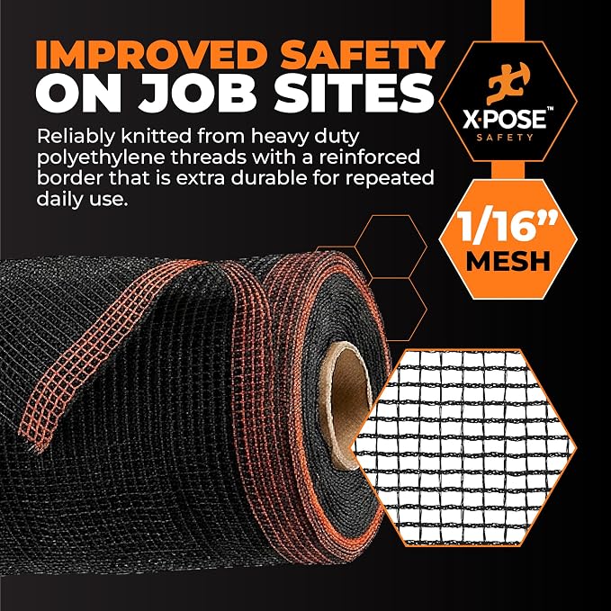 Xpose Safety Debris Netting for Construction – 8.5’ x 150’, 1/6" Mesh Scaffold Safety Net, Temporary Material Roll, Visibility Fence, Heavy-Duty Fire Retardant, Black (18-Pack)