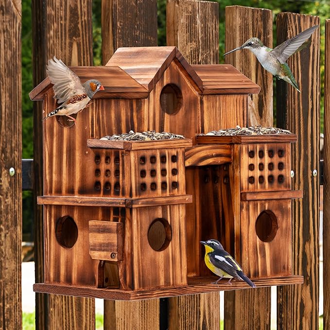 MIXUMON 8-Room Wooden Bird House with 2 Front Feeders – Large Outdoor Birdhouse for Multiple Birds, 1.57” Entrance Holes, Easy Access Cleaning Doors, Rustic Burnt Wood Design for Garden, Yard & Patio