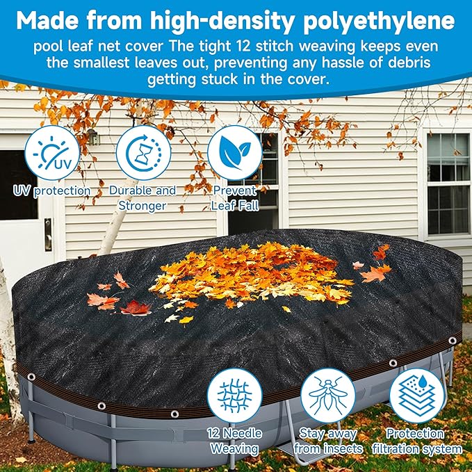 Pool Leaf Net Cover 15x30 Oval Above Ground, Black Mesh Swimming Pool Net Cover with Winch & Cable, Heavy-Duty Tear Resistant UV-Protected Weatherproof (Black, Oval-15FTX30FT)