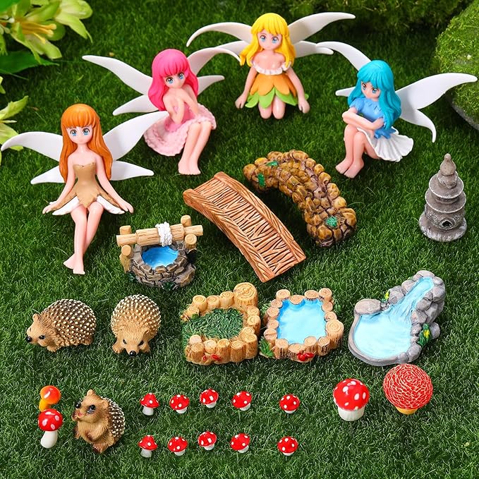 28Pcs Fairy Garden Accessories, Miniature Garden Ornaments Landscape Decorations Mini Fairy Figures Animal Plant Set for Outdoor DIY Terrarium Potted Plants Dollhouse Desk Decor