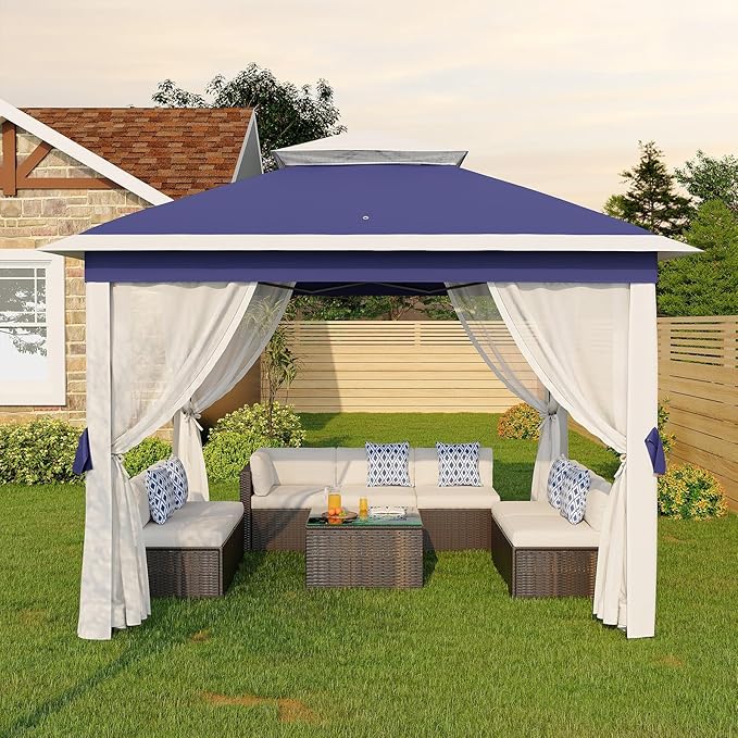 GarveeLife 11'x11 Pop-Up Gazebo, Instant Outdoor Canopy Tent with Mosquito Nettings, Durable Steel Frame, Water, and UV Proof, for Patio, Garden, Courtyard, Party (Blue)