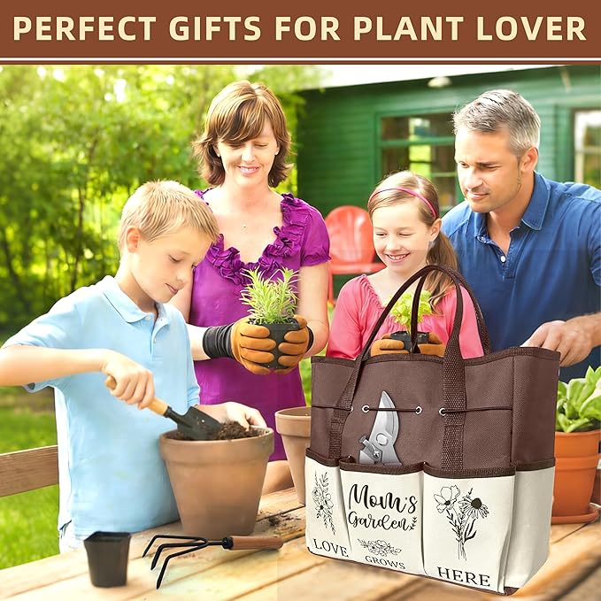 Mom Gifts, Mothers Day Garden Kit Gifts for Mom from Daughter Gardening Tools and Durable Garden Tools Organizer Tote, Ideal Gardening Set for Women on Plant Lover Birthday Present Brown