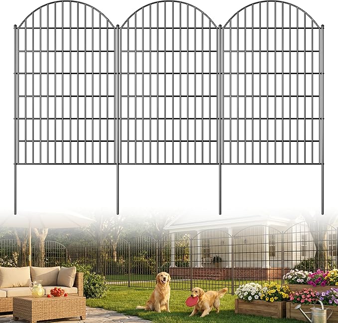 Toolterritary 10 Panels Arched No Dig Decorative Garden Fence, 48in(H) x 25.0ft(L) Dog Fence Outdoor for Yard, Rustproof Metal Garden Fence Animal Barrier for Dogs, Rabbits, Patio & Flower Bed