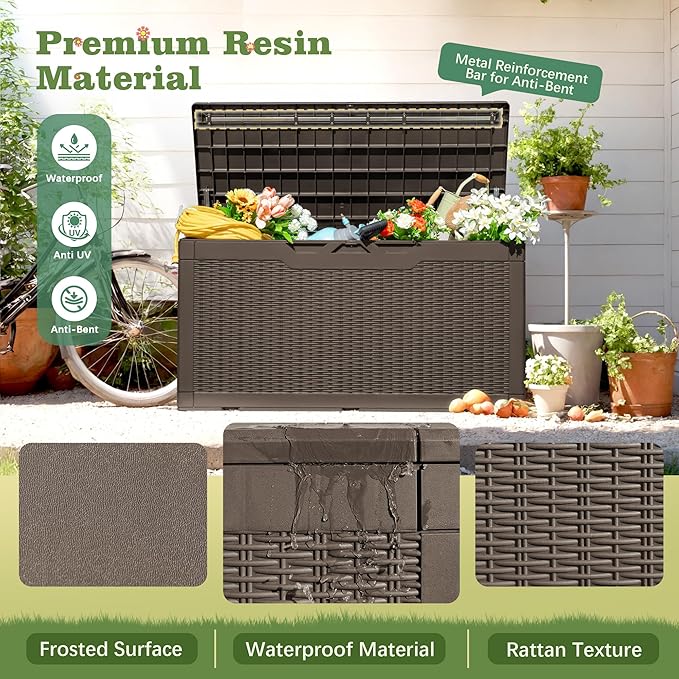 Flamaker Outdoor Storage Box 100 Gallon Waterproof Resin Deck Box Delivery with Air Rod Indoor Outdoor Lockable Storage Bench for Patio Cushions, Tools, Pool Accessories (Deep Brown)