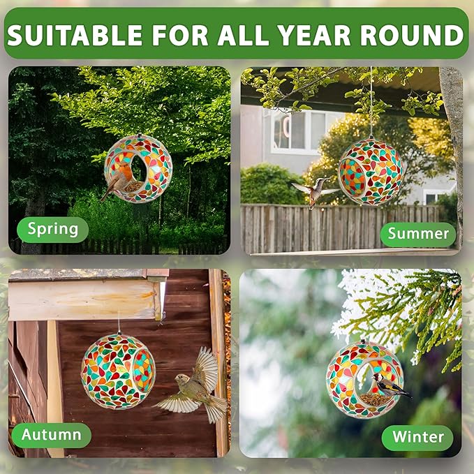 Lily's Home Hanging Outdoor Fly Through Wild Bird Feeder, an Excellent Addition to Any Garden, Mosaic. 5.5 Inches Diameter - Multi Color Droplets
