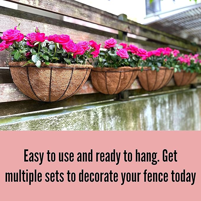 LaLaGreen Bundle - 2 Pack,14 Inch Large Hanging Basket + 3 Pack,10 Inch Half Round Black Metal Wire Basket with Coco Liner Rail Fence Deck Porch Balcony Plant Pot Hanger Hook Holder Decoration