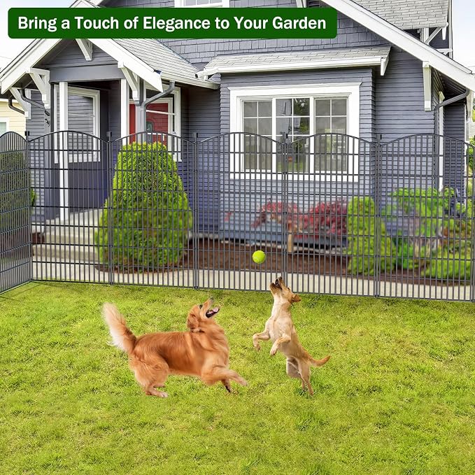 No Dig Decorative Garden Fence 5 Panels with Gate, 48 in (H) x 13 ft (L), Dog Fence Outdoor for Yard，Rustproof Metal Animal Barrier Ground Stakes Fencing for Garden, Patio, Flower Bed