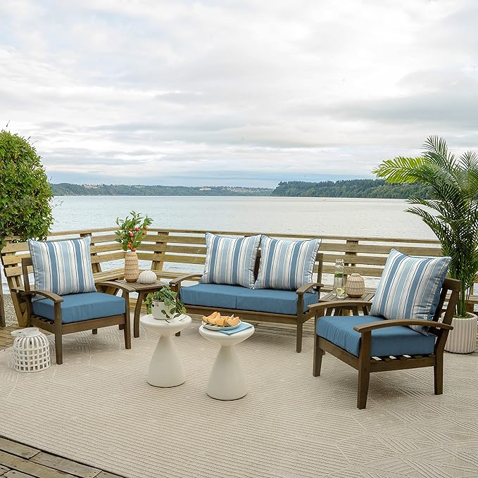 Arden Outdoor Foam Deep Seat Cushion Set, 24 in x 24 in, Weather-Proof, Rain-Proof, Fade Resistant Patio Cushion, Bottom and Back Cushion for Chair, Sofa, and Couch French Blue Linen Stripe