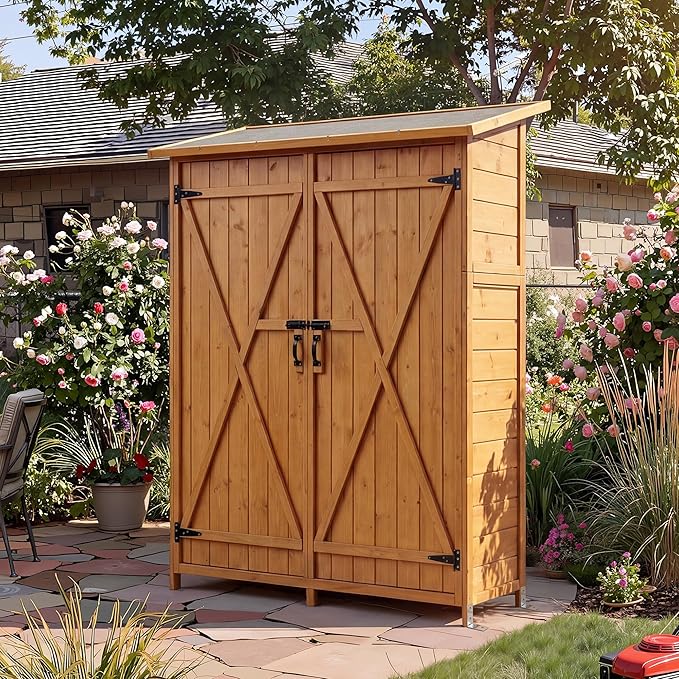 Outdoor Storage Cabinet with 2 Shelves & Lockable Doors- Wooden Garden Shed with Floor and Waterproof Roof for Patio, Backyard, Deck, Lawn Organization Tall Wood Tool Shed, Large Storage Space