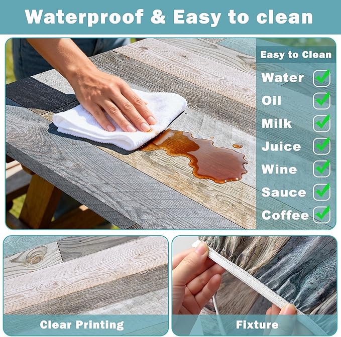 Picnic Table Cover with Bench Covers 6FT Farmhouse Waterproof Windproof Fitted Outdoor Wood Tablecloth with Elastic Rectangle Table Cloth Camping Essentials (Green)