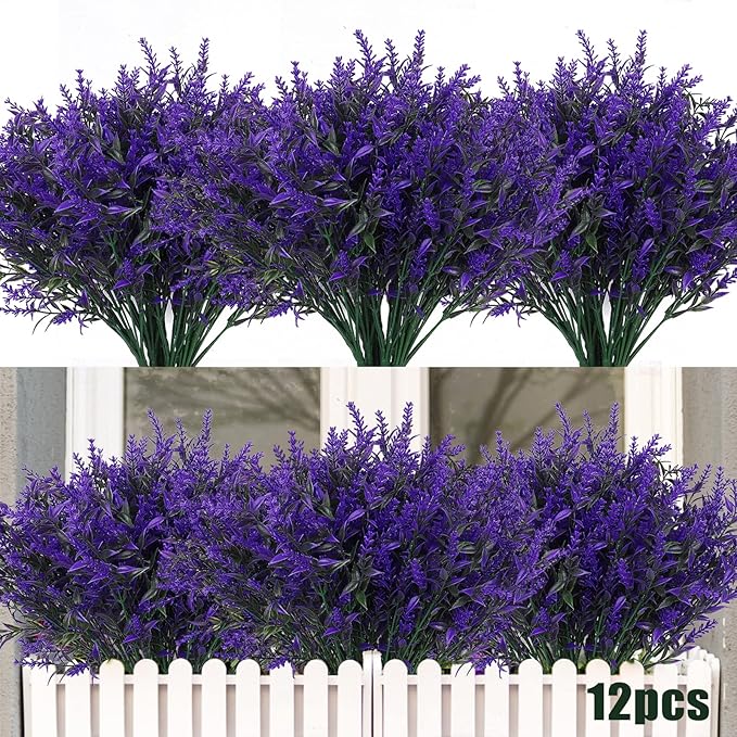 RECUTMS Artificial Plants Outdoor Artificial Lavender Flowers 12 Bundles Outdoor UV Resistant Fake Flowers No Fade Faux Plastic Plants Garden Porch Window Box Decor,Spring Decorations for Home(Purple)