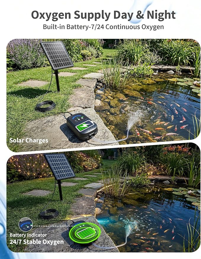 POPOSOAP 8W Solar Pond Aerator with Digital Display, Solar Air Pump 7/24H Oxygen Supply with Battery, 9 Adjustable Mode Oxygen Pump for Fish Pond, Koi Pond, Aquarium & Fishing Tank-P9375