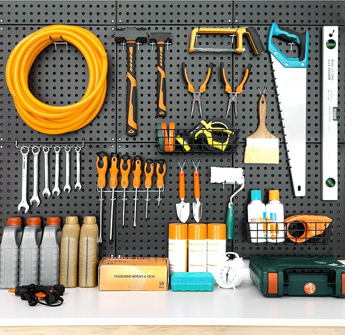HUHOLE Peg Board Tool Utility Hooks 10 Pack + Metal Black Pegboard 4PC 32" X 32"