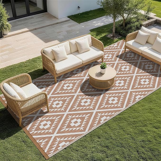 COOLTOP 9'x18’ Outdoor Rug for Patios Porches, Waterproof Plastic Camping Rugs, Modern Reversible Mat, Large Area Rugs for Backyard, Deck, RV, Balcony, Picnic, Beach, Khaki & White