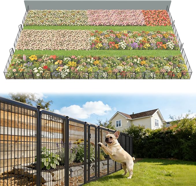 FXW Garden Fence Outdoor for the Yard – 24in(H) x 91.3ft(L) Heavy Duty Metal Animal Barrier for Dog, No Dig Decorative Dog Fence, 48 Panels, Black