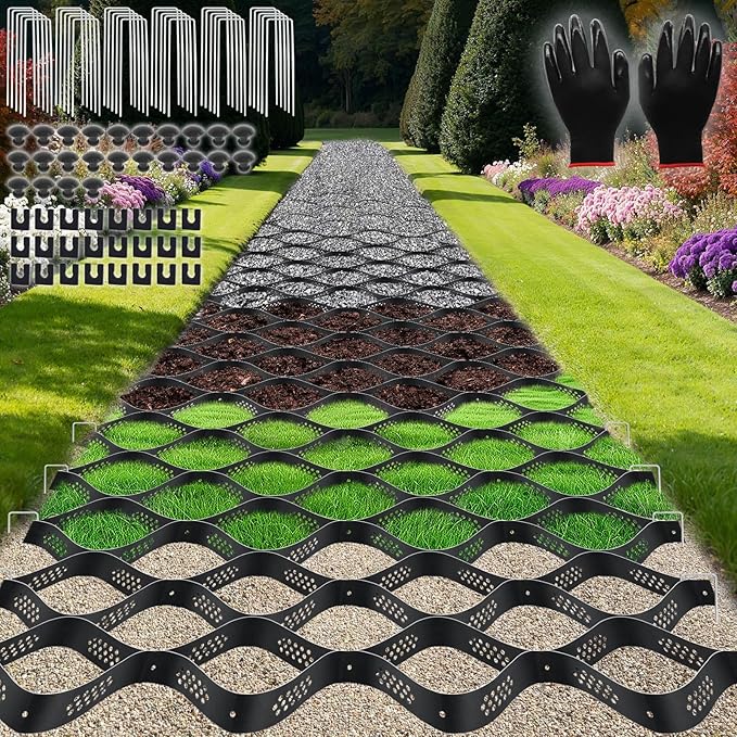 Gravel Grid 50ft X 4ft, 2'' Depth Gravel Stabilizer Grid for Pavers Base, Geogrid 1900 Lbs/Sq Ft Load with 54 Geocell Accessories & Gloves for Driveway Parking Ground Walkway Dirt Locker Slope
