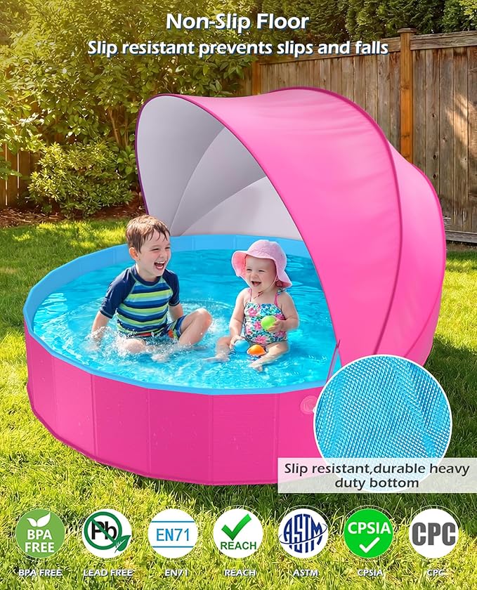 Jasonwell Kiddie Baby Pool with Canopy - Foldable Infant Toddler Kids Pool with Shade Baby Beach Essentials Tent Swimming Wading Pools for Toddlers 1-3 + Kids Dogs Ball Pit Backyard Water Play R, 63"