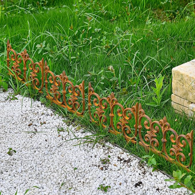 Sungmor Decorative Cast Iron Garden Edging, 4 Pack Full Rusted Victorian Garden Edging Landscape Border, Vintage Metal Yard Stake Low Picket Fence, 10.6" Tall Outdoor Flower Bed Lawn Fence Panels