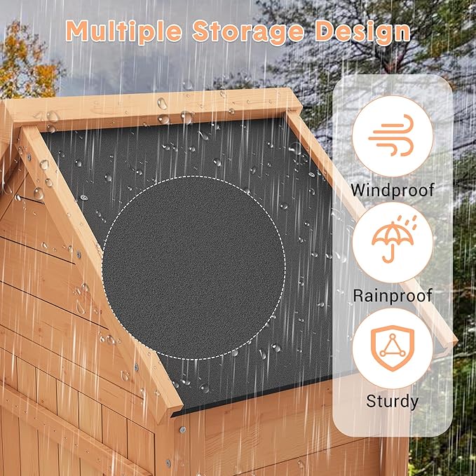 63in Tall Outdoor Storage Shed, Waterproof Wooden Garden Tool Shed with 4 Shelves and Lockable Doors, Vertical Outdoor Storage Cabinet for Patio Yard Lawn