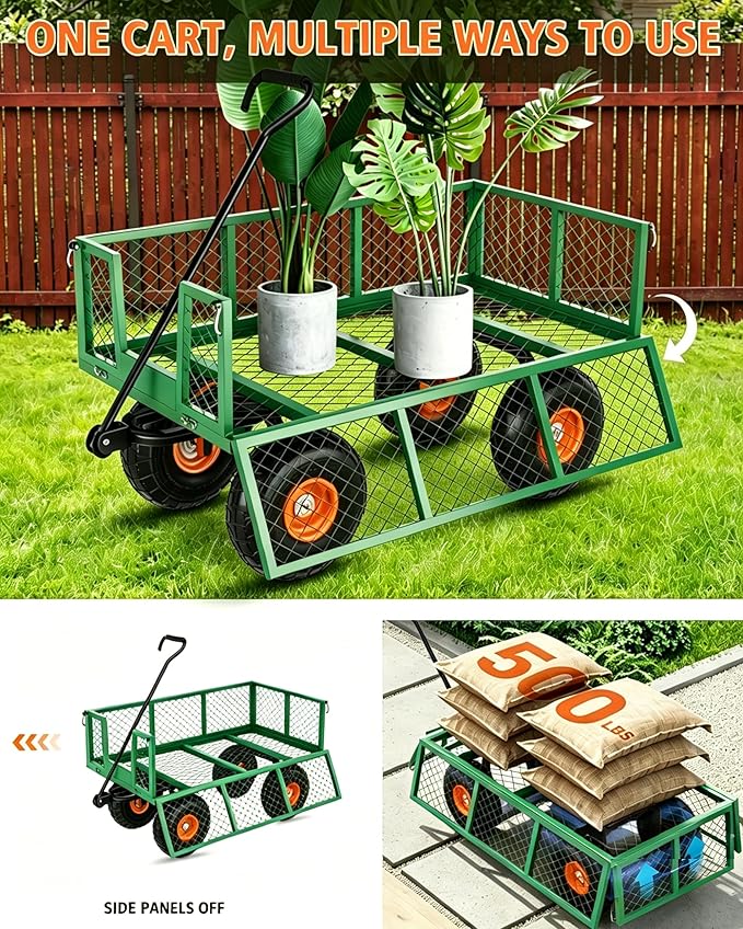 GarveeLife Heavy Duty Steel Garden Cart 500 LBS Capacity 3 in 1 Pullable Garden Wagon with 10 in Wheels for Gardening Soil, Tools, and Plant Transport