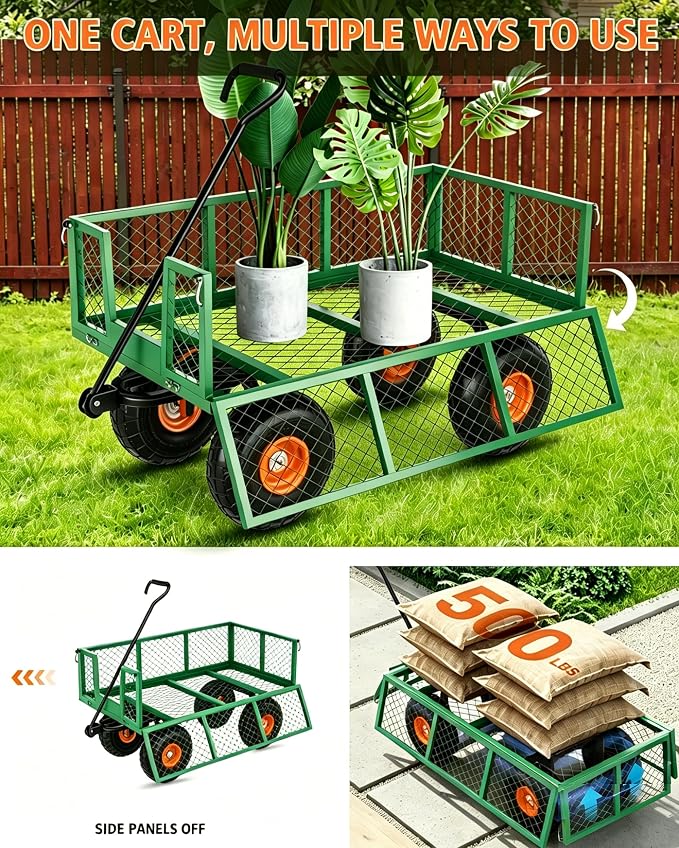 Garvee Steel Garden Cart, 500 LBS Capacity Utility Outdoor Wagon, Heavy Duty Mesh Garden Metal Wagon with Removable Sides, Flexible Handle for Yard, Lawn, Garden