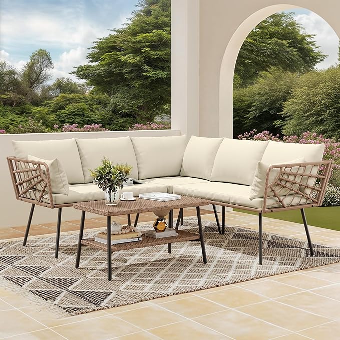 DWVO Outdoor Sectional Sofa 4 Piece 5-Seater Rattan Patio Furniture Set with 2-Tier Coffee Table&Cushions L Shape Couch Boho Conversation Sets for Garden Porch Backyard Relaxation
