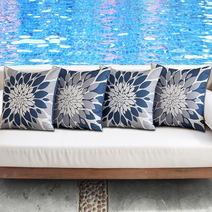 Qahing Pack of 4 Outdoor Waterproof Pillow Covers 22x22 Decorative Outdoor Throw Pillows Garden Square Cases for Patio Furniture, Couch, Tent Sunbrella, Bench, Blue Grey