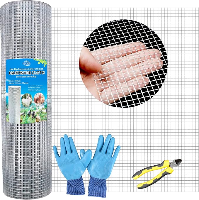 Hardware Cloth 1/4 inch Square Openings - 23 Gauge 48'' x 100' Hot-Dip Galvanized Wire Mesh, Welded Cage Wire Rolls Great for Animal Enclosure Chicken Coop Flower Beds Rabbits Wire Fencing