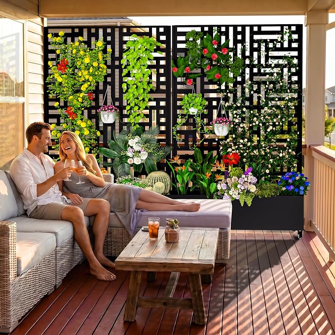 MTART Metal Planter Box with Trellis, 72.1"x47.2"x16" Outdoor Galvanized Raised Garden Bed with Privacy Screen & Drainage Holes & Lockable Casters for Climbing Plants, Vegetable (Street-Black1)
