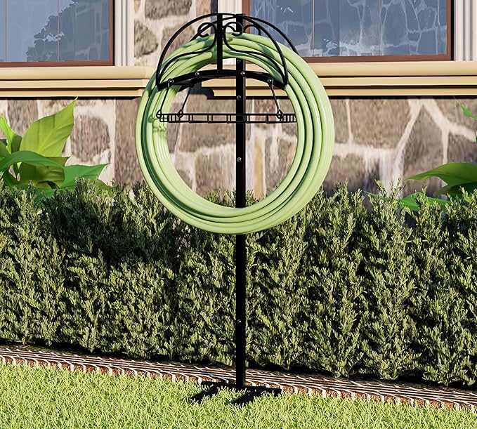 Freestanding Garden Hose Organizer with Storage Basket - Heavy-Duty Black Powder-Coated Hose Stand, Detachable Design Holds 150FT Hose, Includes Wrench & Screwdriver for Easy Assembly