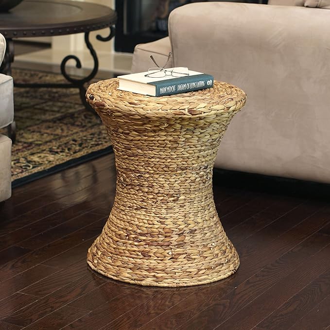 Household Essentials Handwoven Water Hyacinth Wicker Stool with Hourglass Shape, Natural