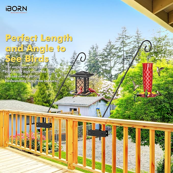 iBorn 16oz Glass Hummingbird Feeders for Outdoors Hanging with Ant Moat&28 Inch Fence Deck Hook Rail Heavy Duty Hummingbird Feeder Hanger,Solid Wire, 180 Degree Rotary, 1 Pack